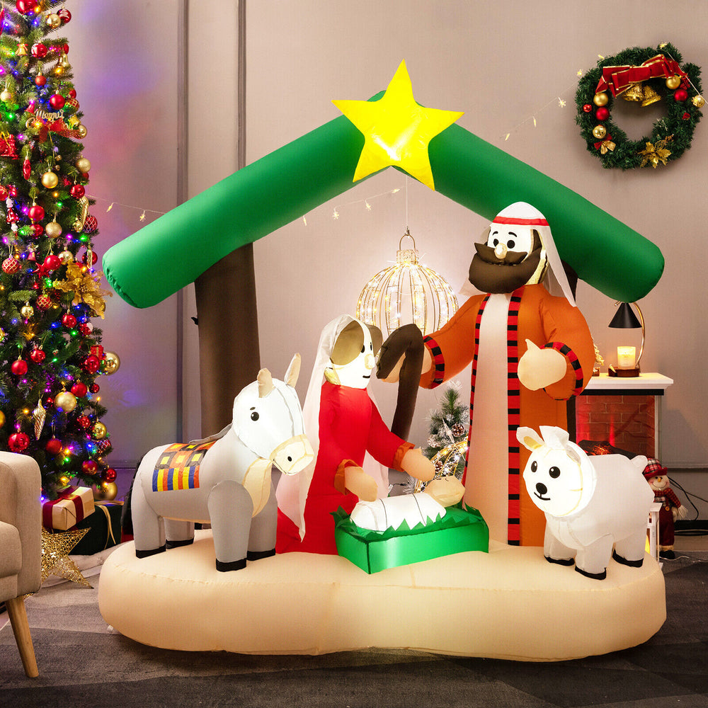 6.7 feet inflatable nativity scene with LED lights, featuring figures of Mary, Joseph, and animals for festive outdoor.