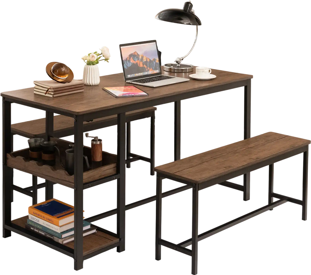 Rectangular dining table set with 2 benches in brown, featuring a wine rack and storage shelves for versatile use.