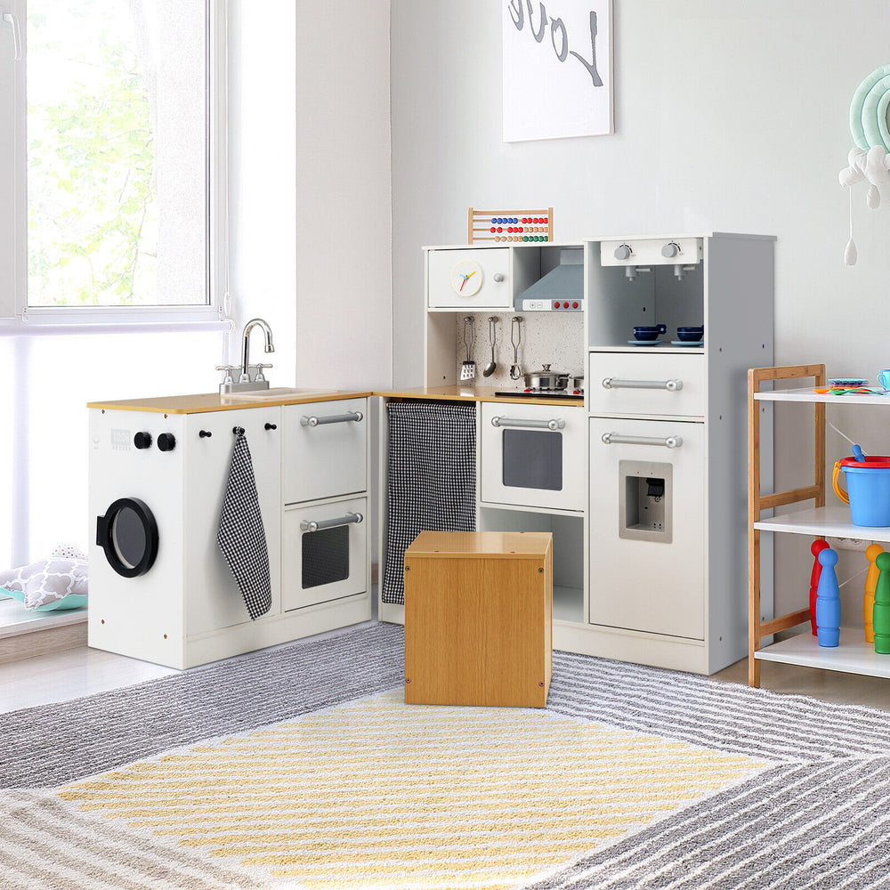 Wooden kids kitchen playset with light and sound, featuring multiple play areas and realistic appliances for.