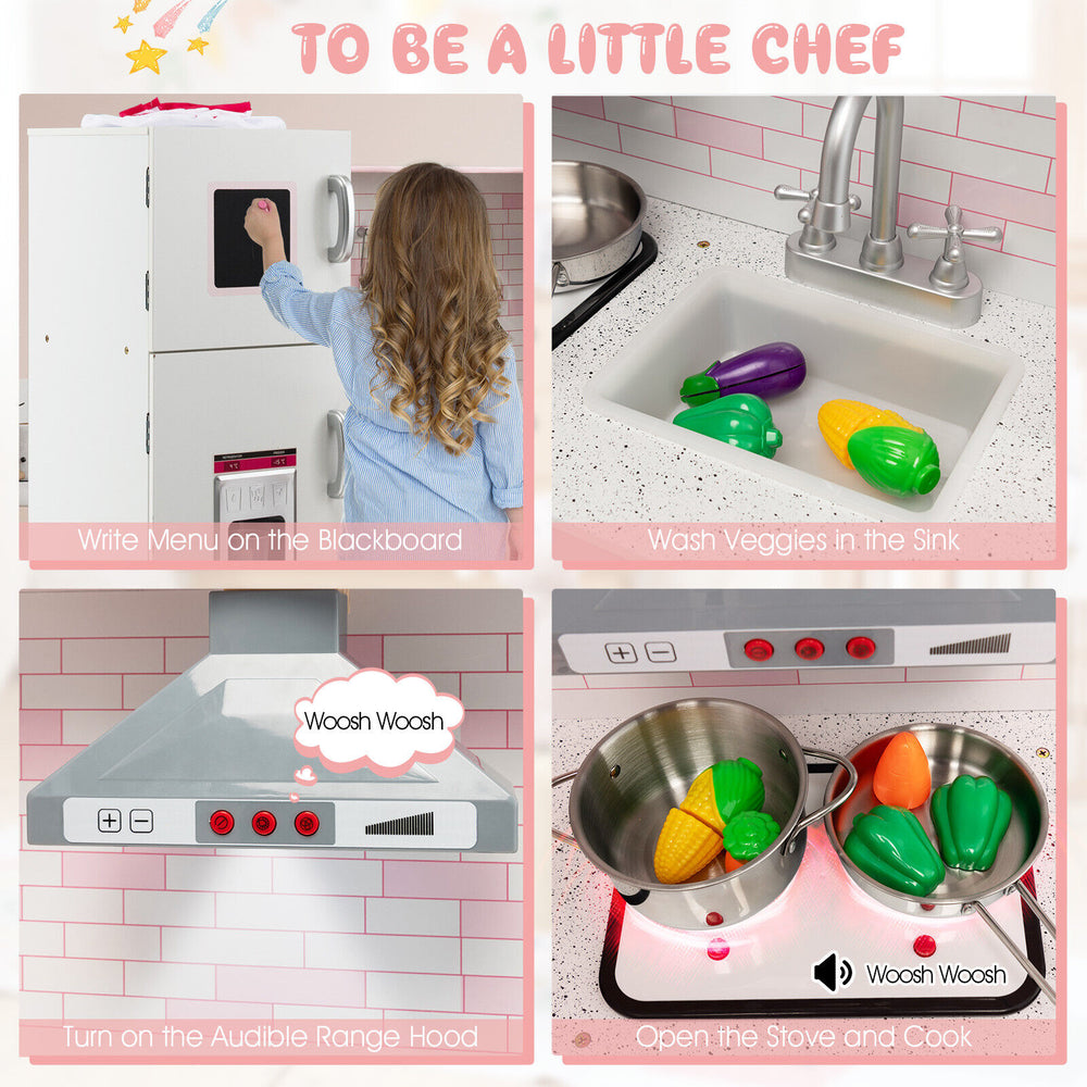 Corner play kitchen wooden toy set featuring sound and light, with stainless steel cookware and a chalkboard for kids.