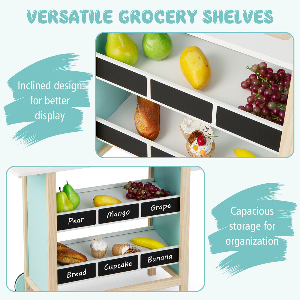 Kids wooden ice cream cart with chalkboard and storage, featuring shelves for toy accessories and easy mobility with.