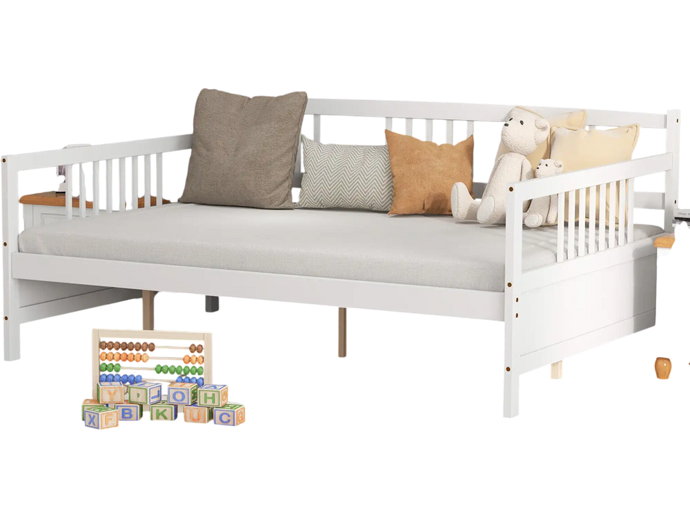 Wooden full-size daybed frame in white with guardrails, featuring a comfortable gray cushion and retro charm for.