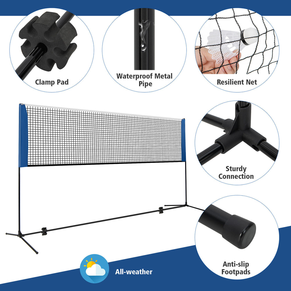 Adjustable 10-foot badminton net stand with waterproof metal pipe and anti-slip footpads, ideal for various sports.