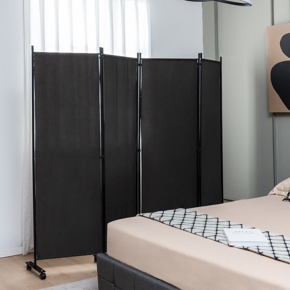 4-panel black folding room divider with lockable wheels, ideal for privacy in home or office spaces.