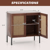 Kitchen sideboard with walnut finish, featuring 2 rattan doors, adjustable shelf, and sturdy metal legs for stability.