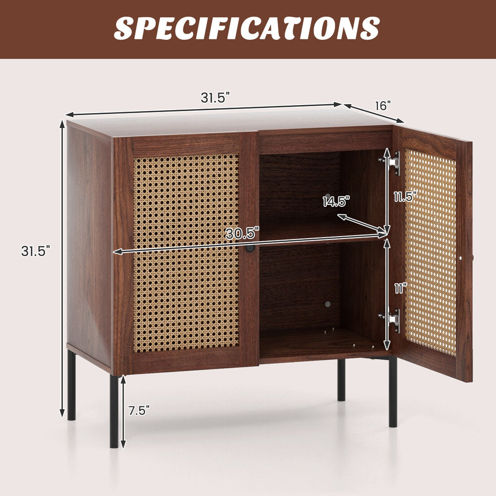 Kitchen sideboard with walnut finish, featuring 2 rattan doors, adjustable shelf, and sturdy metal legs for stability.