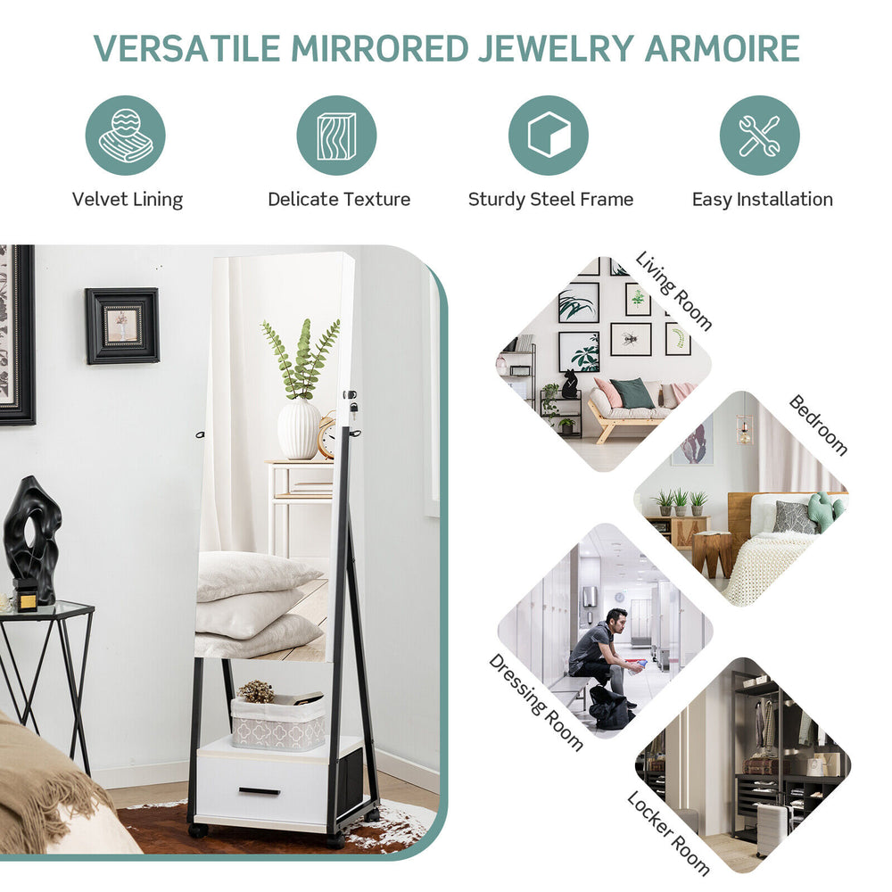 Jewelry cabinet with full-length mirror, white MDF, velvet lining, large storage, and lockable wheels for versatile use.