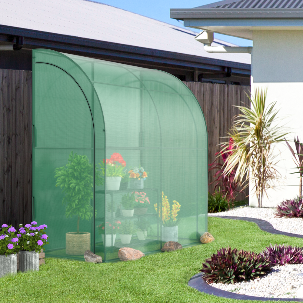 Lean-to greenhouse with flower rack, 7 x 3.5 x 7 feet, featuring PE cover for sun protection and sturdy metal frame.