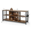 Mid-century wooden TV stand in rustic brown with adjustable shelves and storage basket, ideal for TVs up to 65 inches.