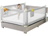 Gray toddler bed rail with round corners and a side pocket, designed for safety and convenience during sleep.