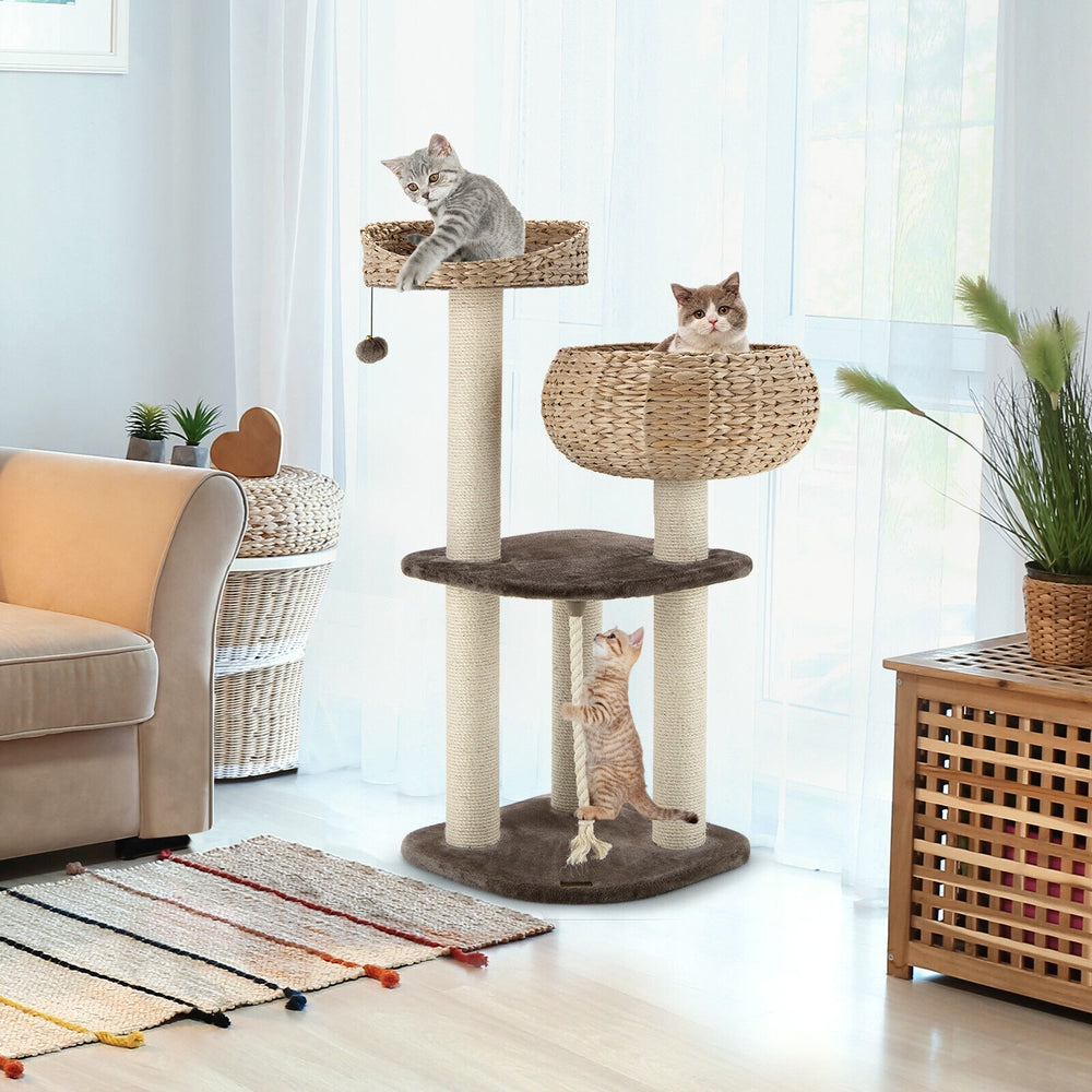 41-inch rattan cat tree with two napping perches, sisal posts, and soft cushions for playful and comfortable lounging.