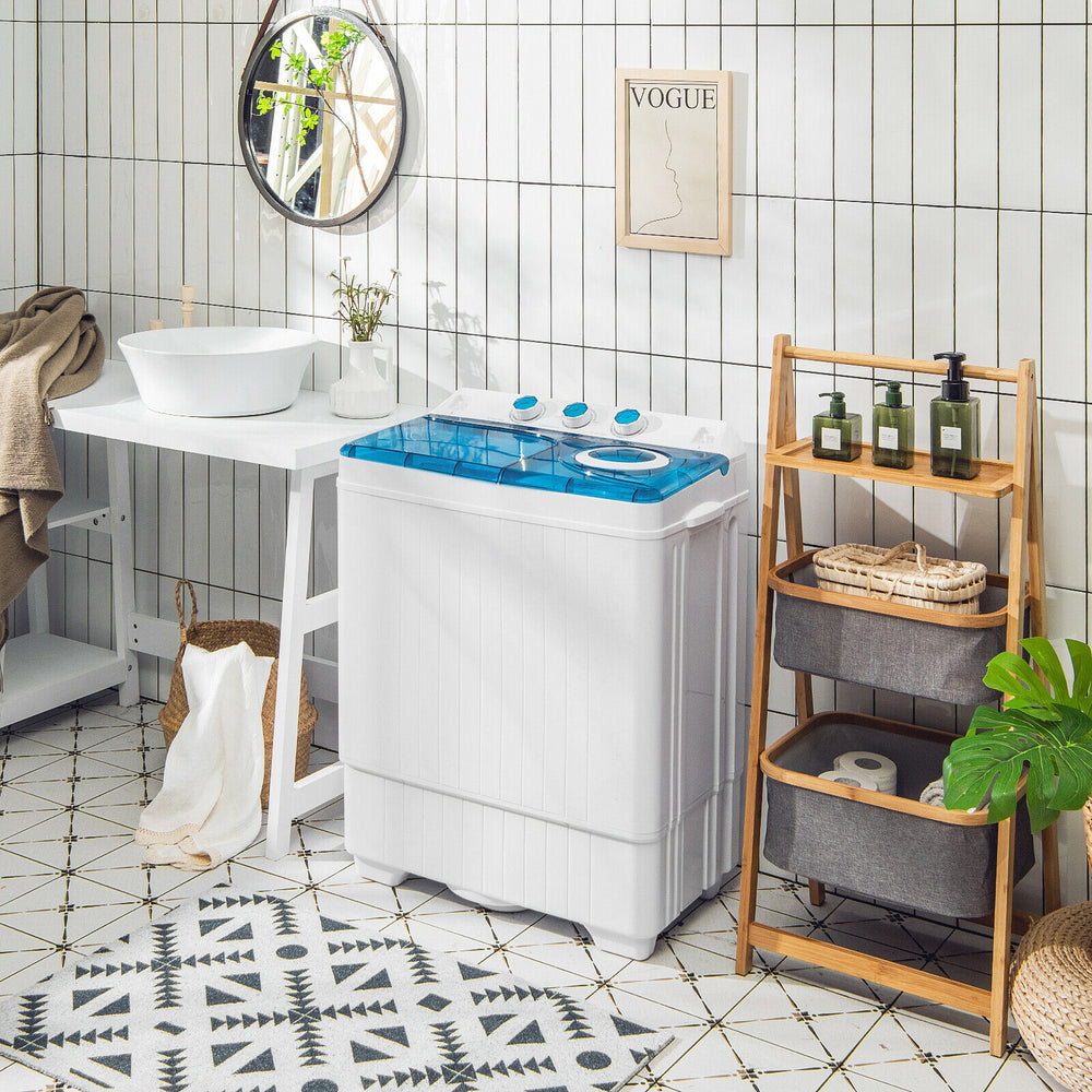 Portable 26lbs semi-automatic twin tub washing machine in blue, ideal for apartments and small spaces, with drainage.