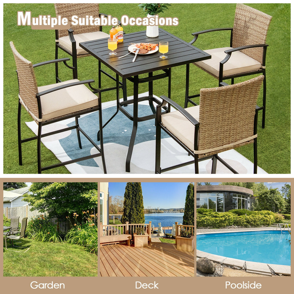 32-inch outdoor steel square bar table with a powder-coated surface, ideal for garden, deck, or poolside use.