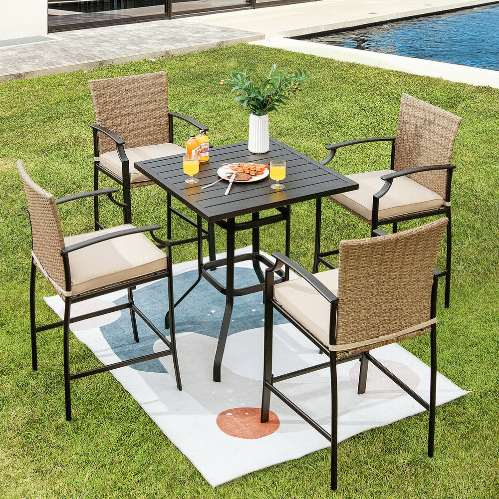 Patio rattan bar stools set of 4 with soft cushions, featuring ergonomic design and durable steel frame for outdoor use.