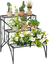 3-tier black metal plant stand with widened grid shelf, ideal for displaying plants indoors or outdoors.