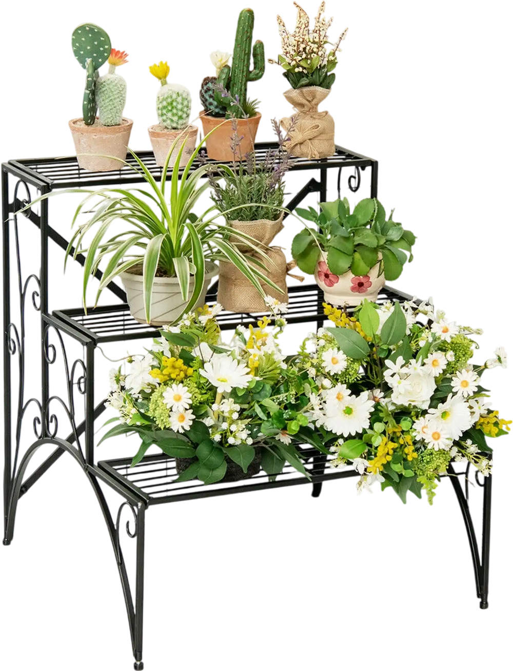 3-tier black metal plant stand with widened grid shelf, ideal for displaying plants indoors or outdoors.