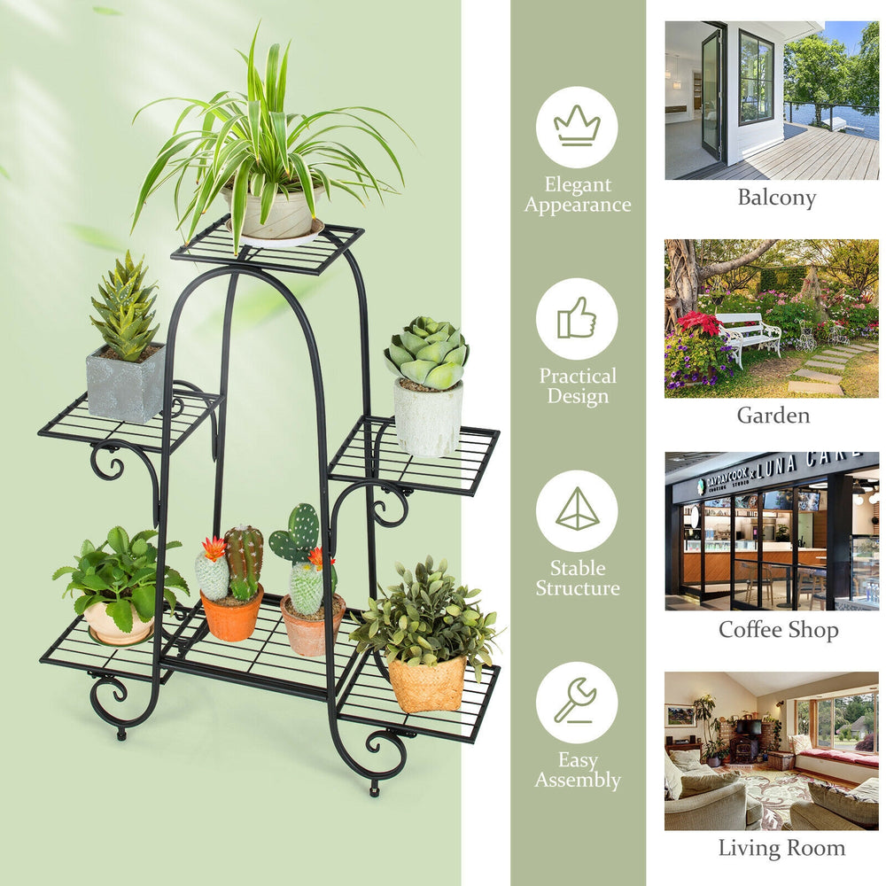 6-tier black plant stand with adjustable foot pads, showcasing plants in a stylish design for indoor or outdoor use.