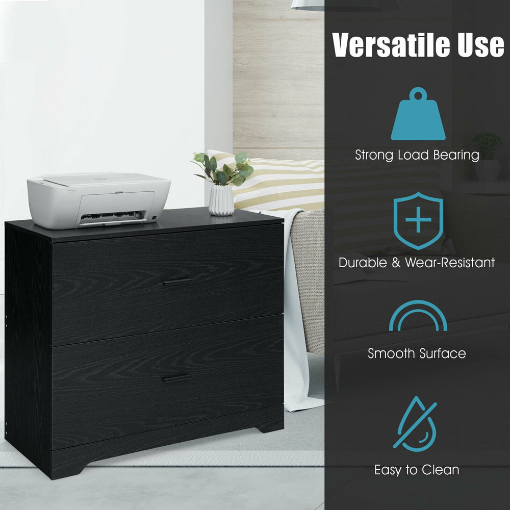 2-drawer lateral file cabinet in black with adjustable bars, ideal for home and office organization and easy access.