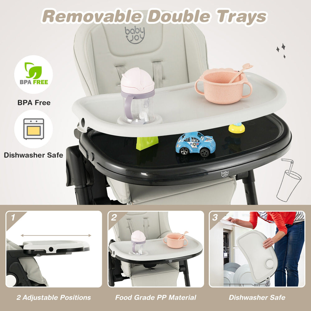 Gray 4-in-1 baby high chair with removable double trays, adjustable heights, and dishwasher-safe features for easy.