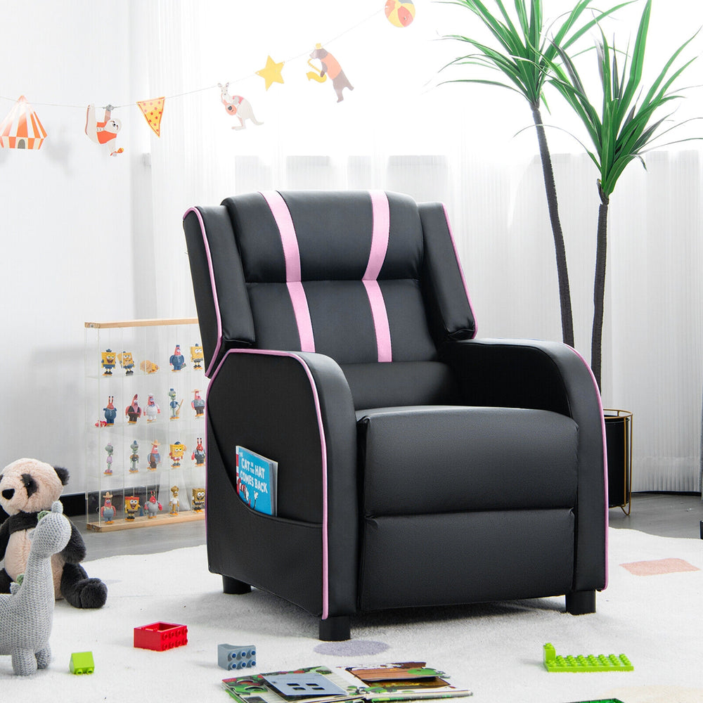Kids recliner chair in black and pink with adjustable backrest, footrest, and side pockets for storage, perfect for.