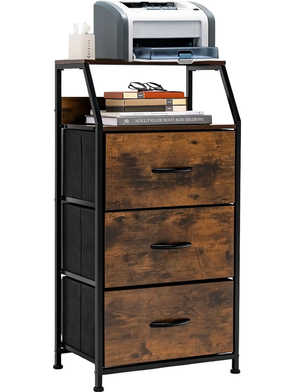 Freestanding cabinet dresser with wooden top, featuring 3 folding drawers and 2 shelves, ideal for office or home.