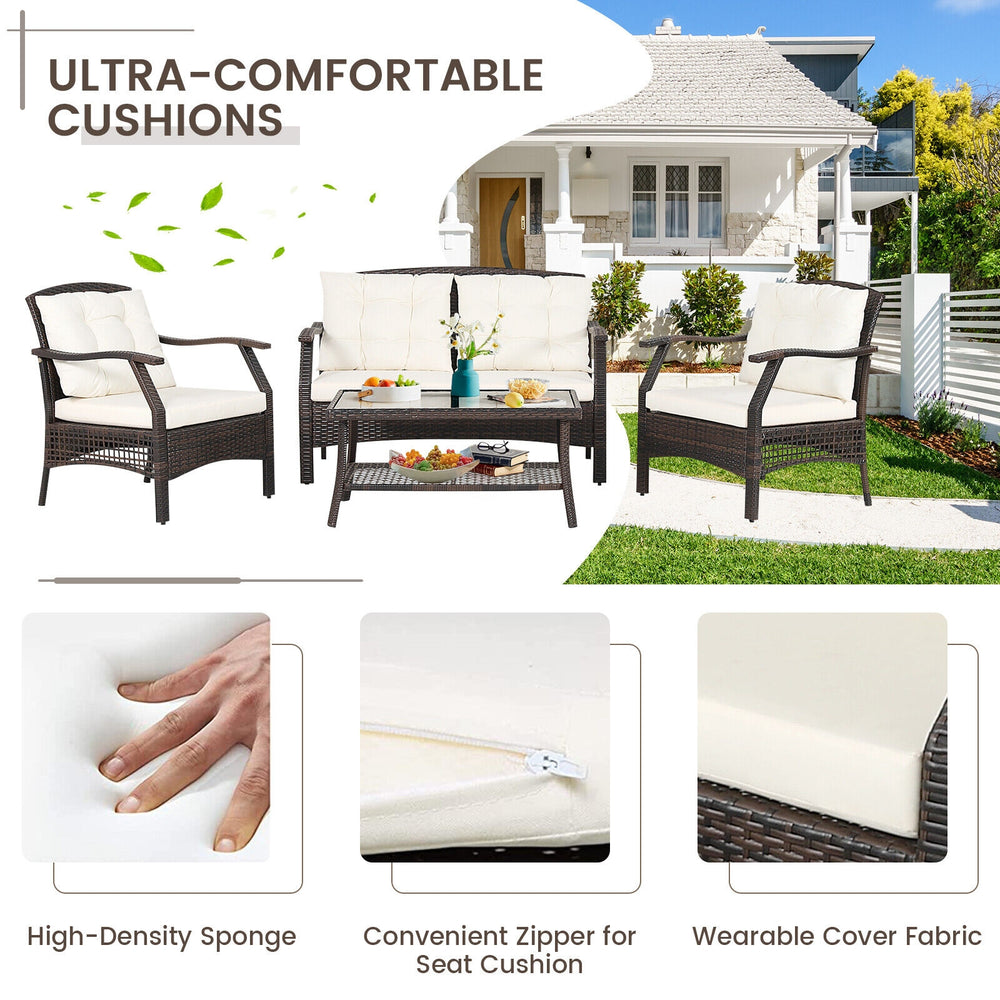 4-piece outdoor rattan conversation set with soft cushions, ergonomic design, and durable protective cover for.