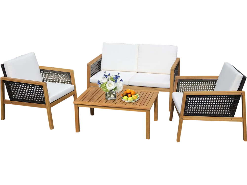 Outdoor coffee table from the 4-piece patio rattan set, crafted from acacia wood, perfect for outdoor gatherings.