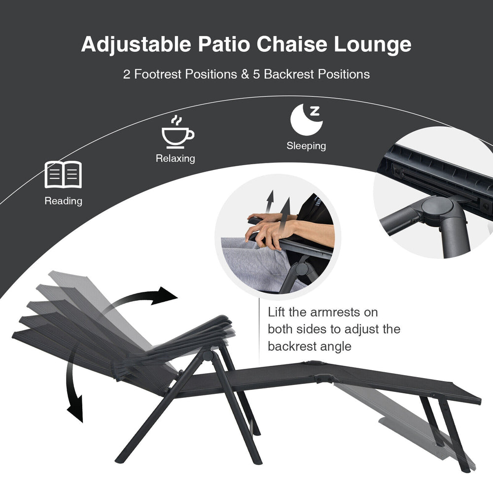 Adjustable black foldable chaise lounge chair with 5 backrest positions for relaxing, reading, or napping outdoors.