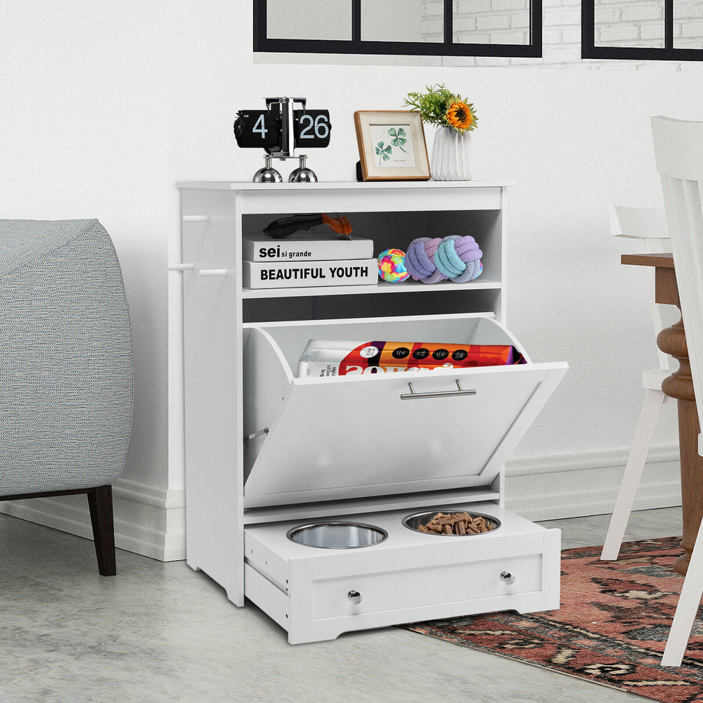 Pet feeder station in white with stainless steel bowls, featuring storage cabinet and open compartments for pet.