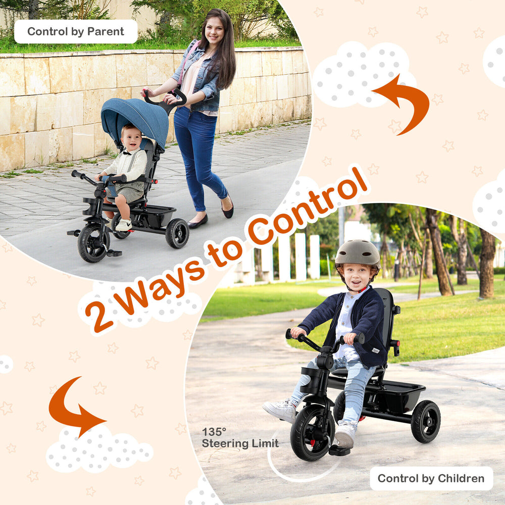 4-in-1 baby tricycle with convertible seat, adjustable canopy, and dual control for parents and children.