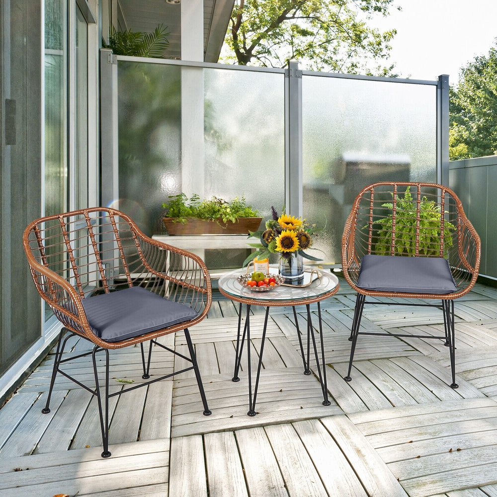 3 Pieces Patio Rattan Bistro Set with Cushion-Gray - Gallery View 1 of 12