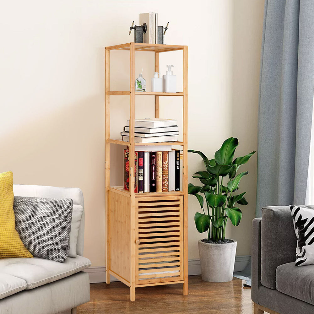 Slim bamboo floor storage cabinet with four shelves and shutter door, ideal for compact spaces in bathrooms or living.