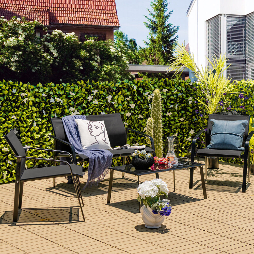 4 Pieces Patio Furniture Set with Armrest Loveseat Sofas and Glass Table Deck-Black - Gallery View 1 of 10
