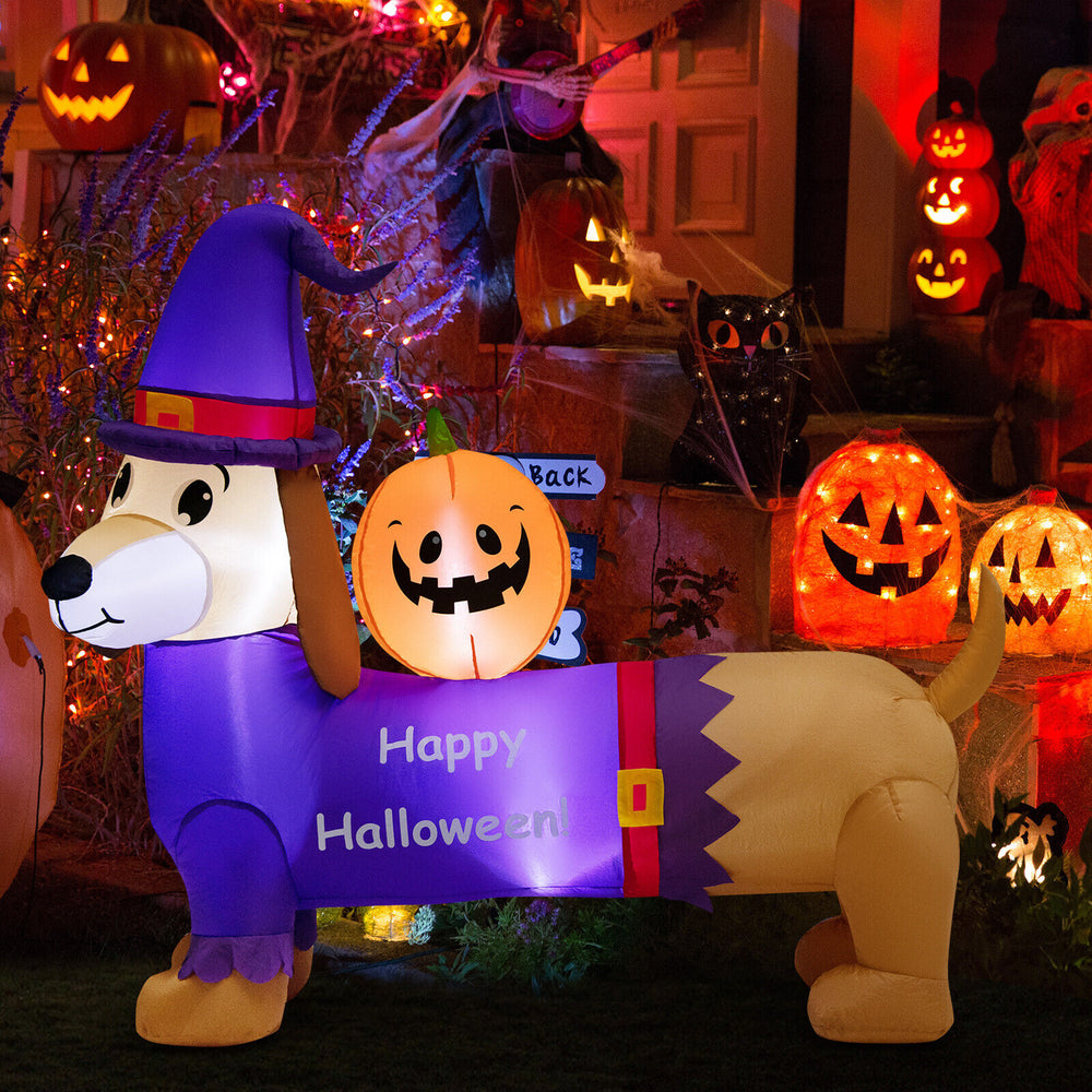 Inflatable 5-foot Halloween dachshund dog with pumpkin, featuring glowing LED lights for festive outdoor decoration.