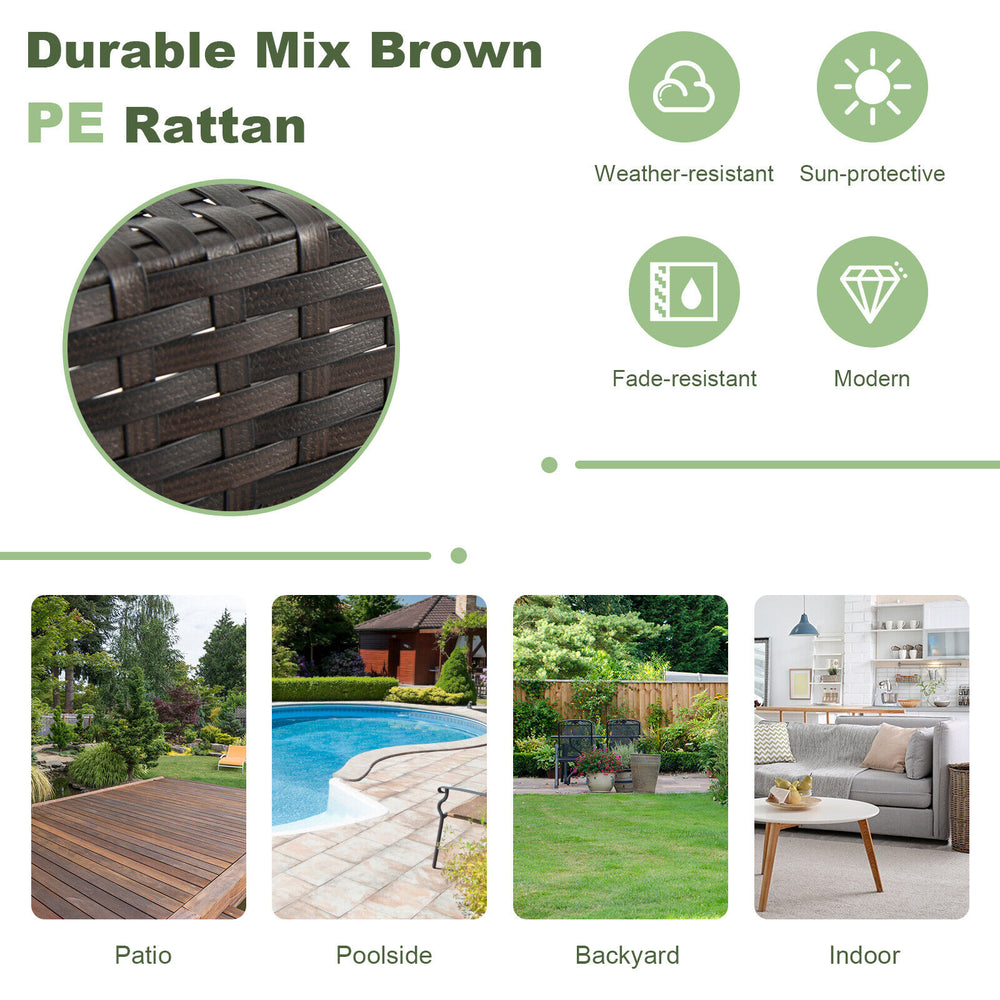 Brown PE rattan bar stool chairs with footrests, perfect for patio and poolside relaxation, featuring a sturdy steel.
