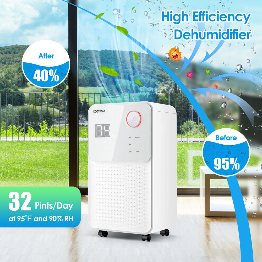 32 pints dehumidifier in white with digital display, suitable for 2000 sq.ft, ideal for maintaining indoor humidity.