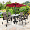7-piece patio dining set featuring a rectangular glass table and 6 stackable chairs, perfect for outdoor gatherings.