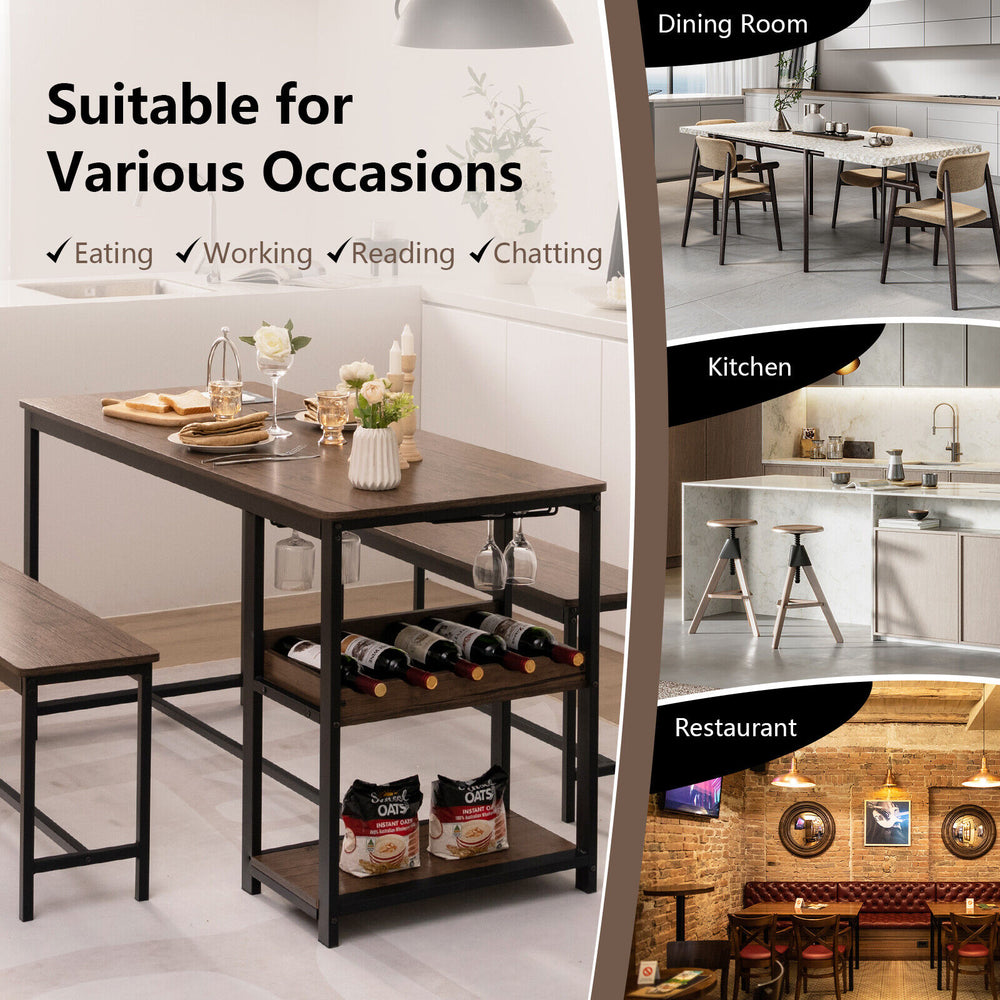 3-piece brown dining table set with wine rack, accommodating 2-4 persons, ideal for meals and storage in dining or.