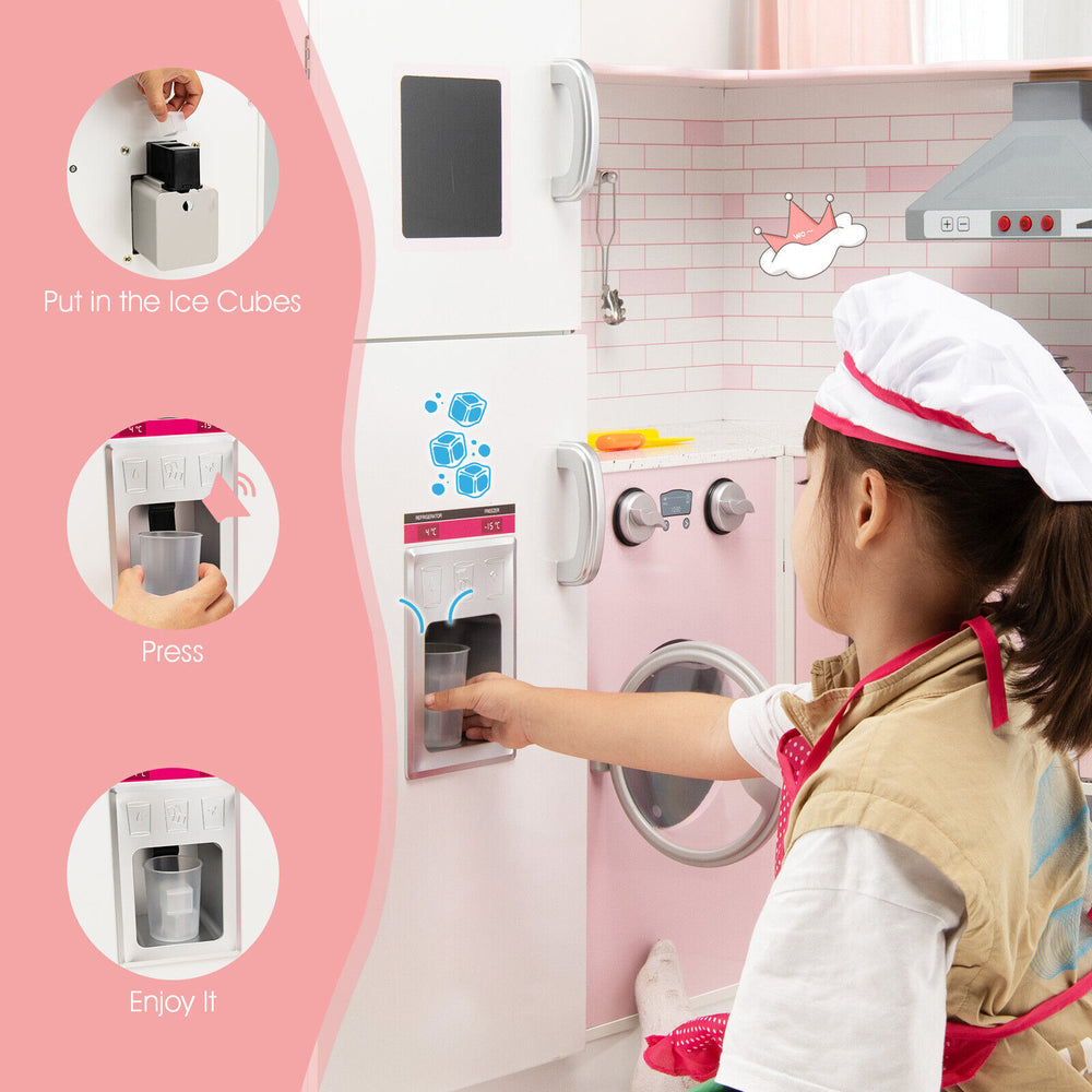 Child using the ice dispenser on the Corner Play Kitchen Wooden Toy Set, featuring realistic sound and light effects.