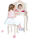 Kids vanity table set in pink with tri-folding mirror and stool, perfect for makeup or study in a child's room.