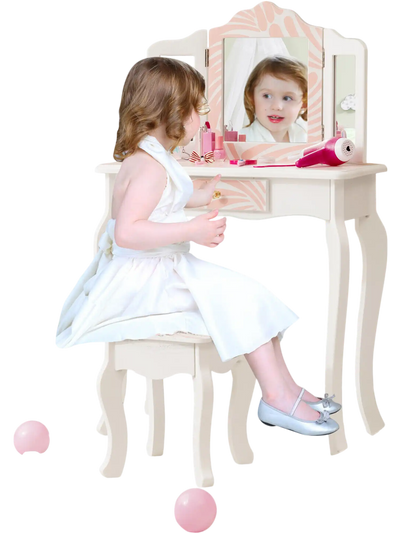 Costway 2-in-1 Kids Vanity Table Set Tri-Folding Mirror Pink 34257068 New