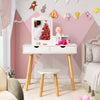 Kid vanity table set in white with mirror, two large storage drawers, and natural pine wood legs for children's use.