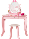 Pink kid vanity table set with oval rotatable mirror, spacious tabletop, and sturdy design for girls aged 3 to 7.