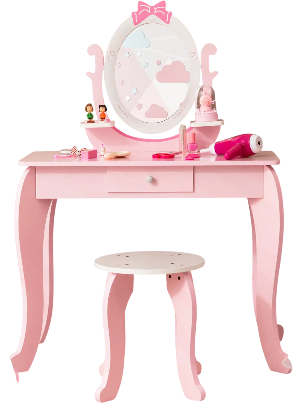 Pink kid vanity table set with oval rotatable mirror, spacious tabletop, and sturdy design for girls aged 3 to 7.