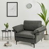 Gray modern fabric accent armchair with armrest cushions and metal legs, perfect for stylish and comfortable seating.