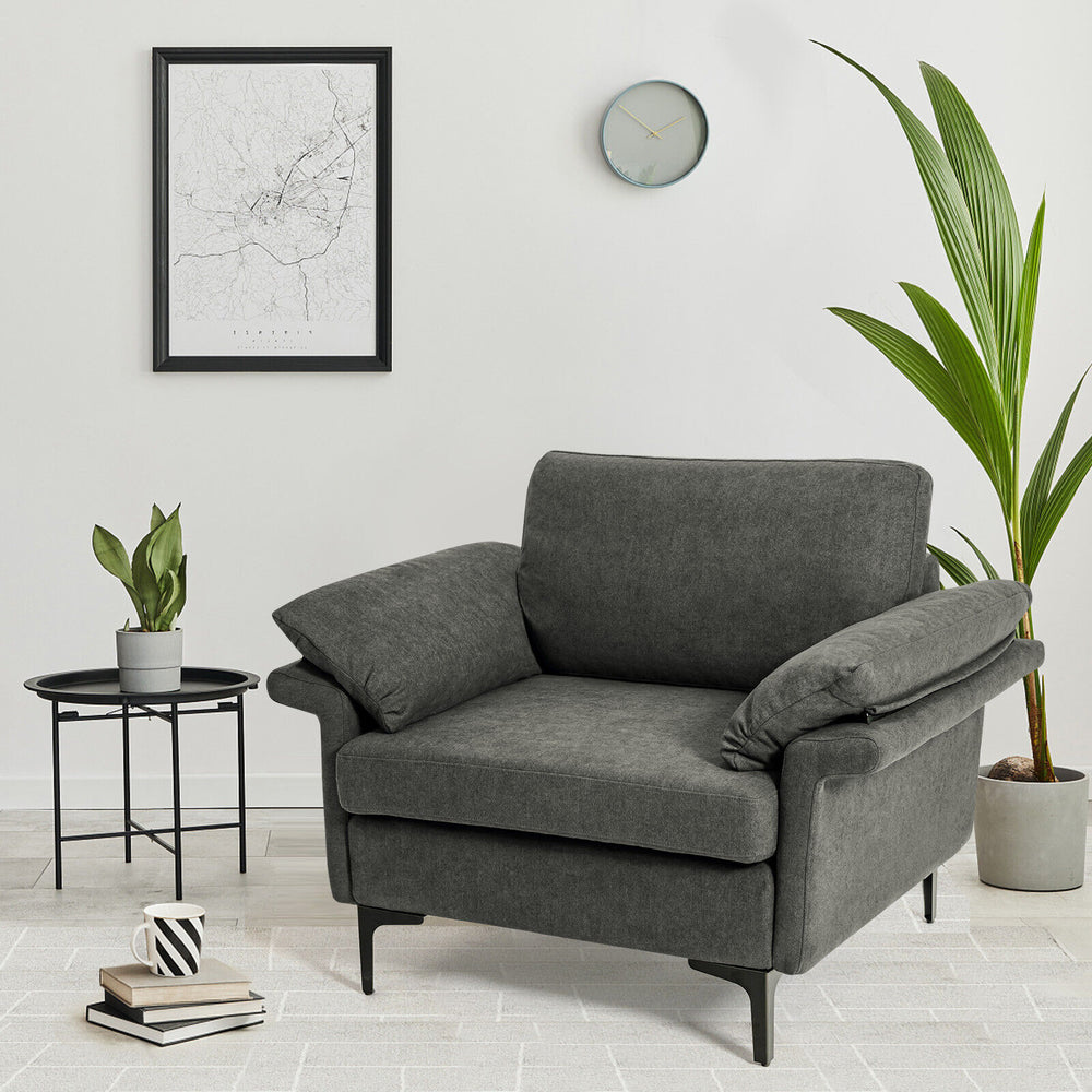 Gray modern fabric accent armchair with armrest cushions and metal legs, perfect for stylish and comfortable seating.