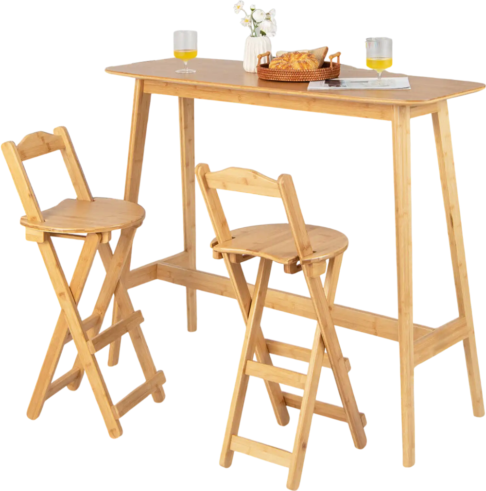 Bamboo folding barstools with footrests and handles, showcasing natural finish, perfect for home or cafe use.