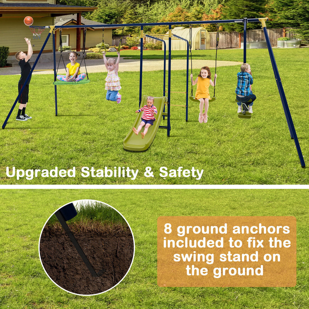 7-in-1 A-shaped outdoor swing set with gym rings, slide, and adjustable swings for backyard fun and safety.