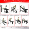 Adjustable weight bench and barbell rack set featuring multiple exercises for full-body workouts at home or gym.