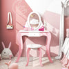 Kids vanity set in pink with a 360° rotatable mirror, detachable top, and playful accessories for imaginative fun.